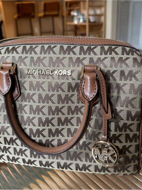 Michael Kors Brown MK Monogram Dome Satchel with Gold Hardware